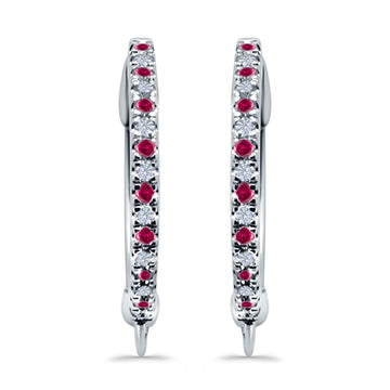 Half Eternity Hoop Earrings Round Simulated Ruby CZ 925 Sterling Silver (14mm)
